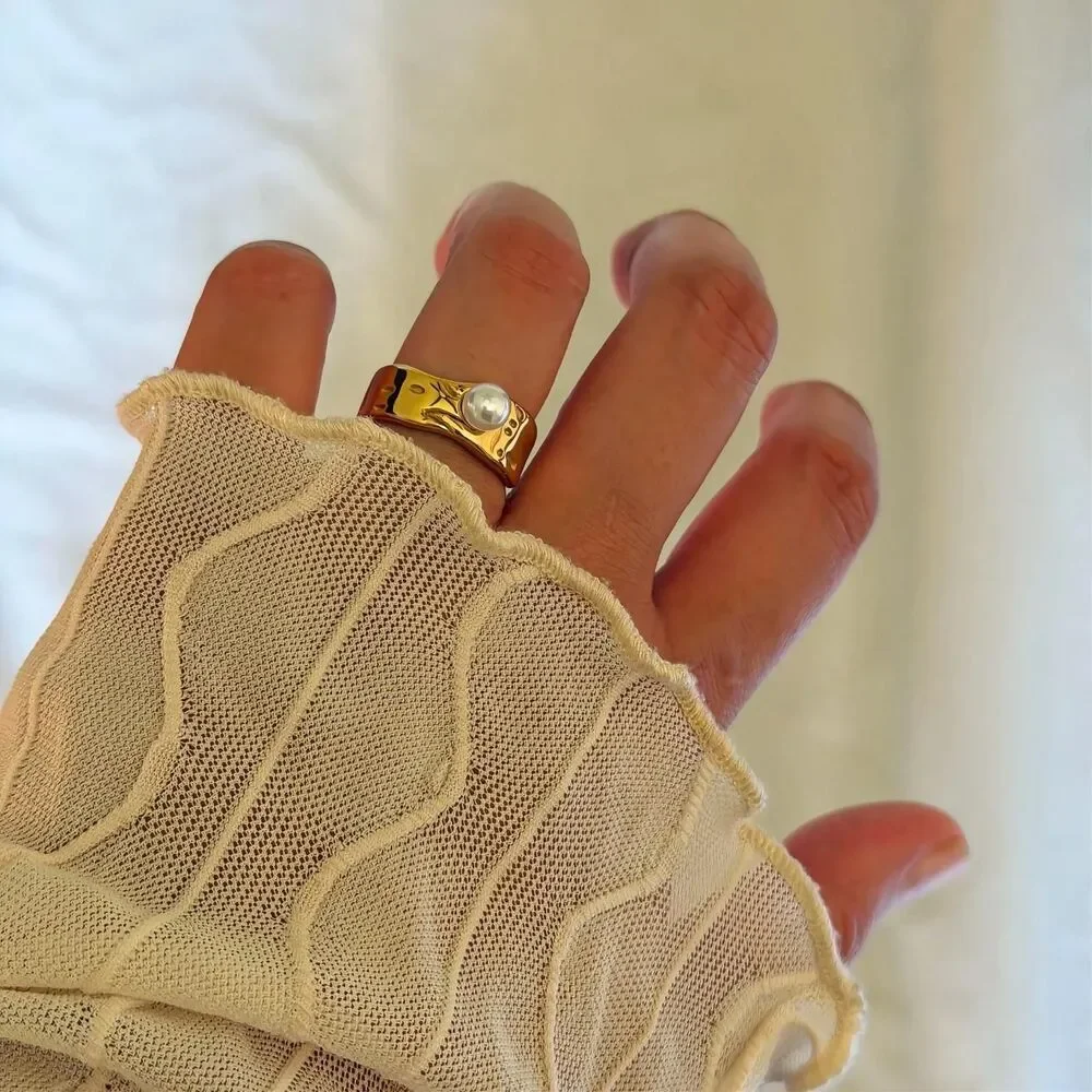 Gold Pearl Wide Band Statement Ring
